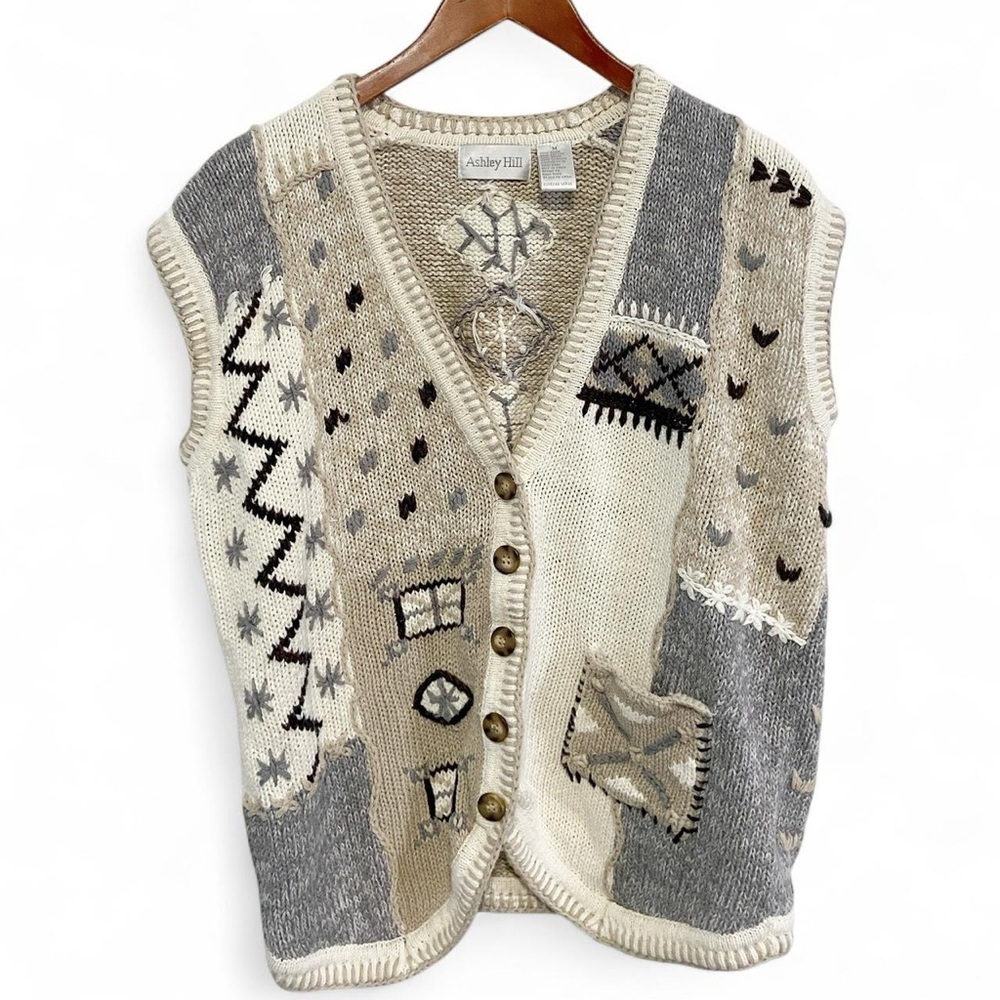 Vintage 90s Cream and Grey Knit Sweater Vest